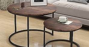 Industrial Round Coffee Table Set of 2 End Table for Living Room,Stacking Side Tables, Sturdy and Easy Assembly,Wood Look Accent Furniture with Metal Frame,Black+Rustic Brown