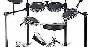 Electric Drum Set, Electronic Drum Set for Beginner Kids with 4 Mesh Drum Pads, 2 Switch Pedal, Light and Solid Electric Drums with 165 Sounds, USB MIDI, Throne, Headphones, Sticks, Black