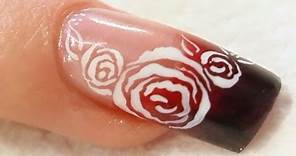Black and Red Acrylic Nail with White Roses Tutorial