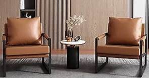 gopop Set of 2 Leather Accent Chair for Living Room, Mid Century Sitting Chair, Modern PU Leather Chair with Arms, Black Powder Coated Metal Frame