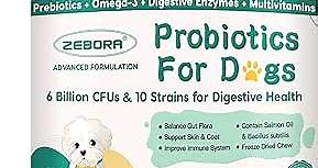 Probiotics for Dogs Digestive Health, Dog Probiotics and Digestive Enzymes, Prebiotics, Omega-3 & 6 and Vitamin for Dogs, 6 Billion CFUs for Gut Health and Immune Support, 120 Chews