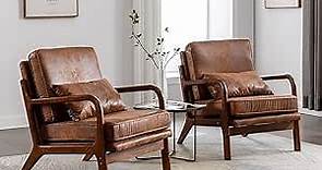Mid Century Modern Accent Chair Set of 2 Living Room- Comfy Solid Wood Arm Chair with Lumber Pillow Lounge Decorative Brown Leather Office Side Chair Bedroom Reading Nook Sillas De Sala Microfiber