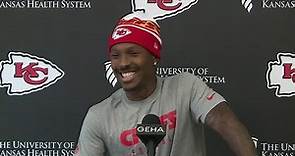 Wide receiver Mecole Hardman talks after returning to the Kansas City Chiefs