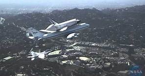 F/A-18 extended view of Space Shuttle Endeavour's flyover Southern California
