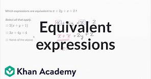 How to find equivalent expressions by combining like terms and using the distributive property