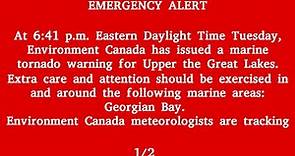 Environment Canada, Alert Ready - Tornado Warning, Across Southern Ontario