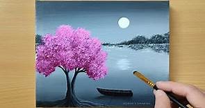 Black & White Landscape Painting for Beginners / Cherry Blossom / Acrylic Painting Technique