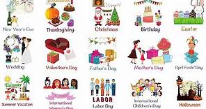 Holidays and Special Events Vocabulary Words | List of Holidays in English