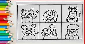 How to Draw Animals Step by Step 🐱🐶🐮🐷🐔🐑🌈 | Easy Drawing