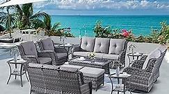Wicker Patio Furniture Sets - 13 Piece Outdoor Rattan Furniture Conversation Sets with 4 Swivel Rocker Chairs, 2 Rattan Sofas, Wicker Ottomans and Coffee Table, Mixed Grey/Grey