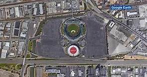 Oakland A's Coliseum site before and after proposed ballpark project