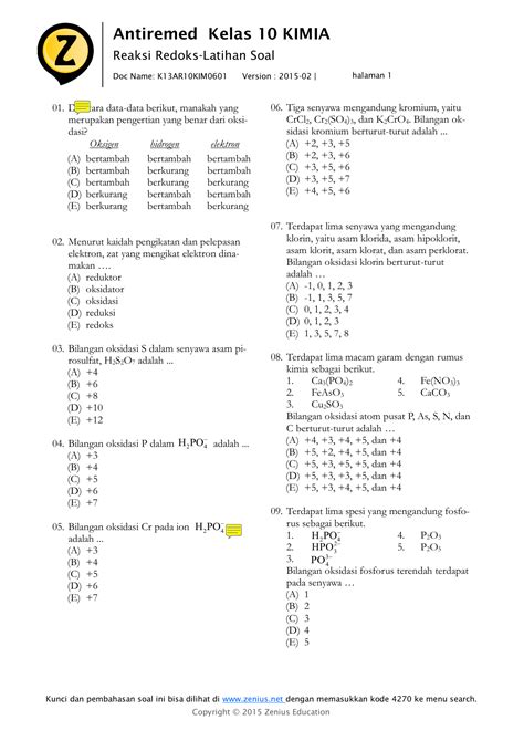 Contoh Soal Reaksi Redoks Lengkap Kelas 10