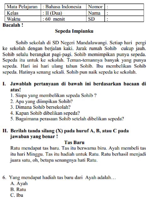 Soal Bahasa Indonesia SD Kelas 2 Semester 1