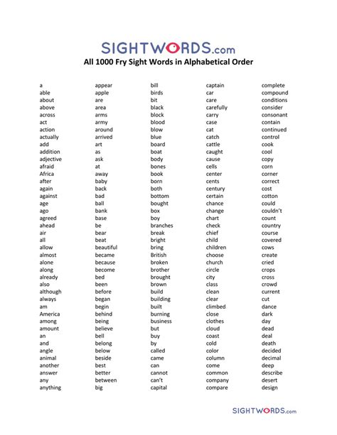 1000 Sight Words Printable