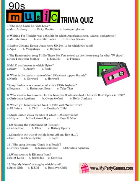 1990's Music Trivia Questions And Answers Printable