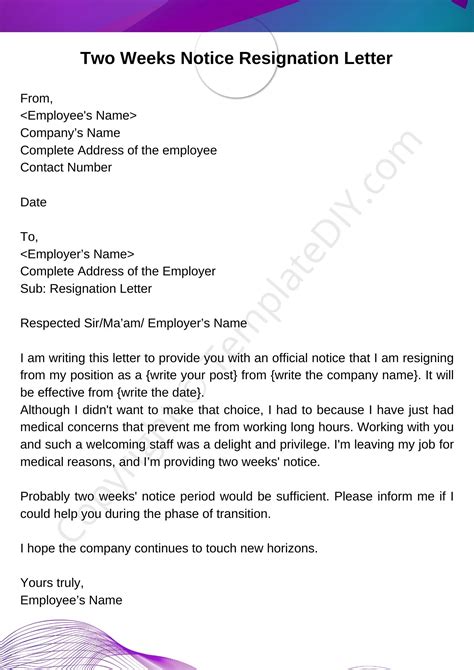 2 Weeks Resignation Letter Template