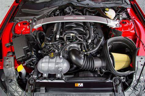 Close-up of the powerful 5.0L V8 engine in a 2016 Ford Mustang GT