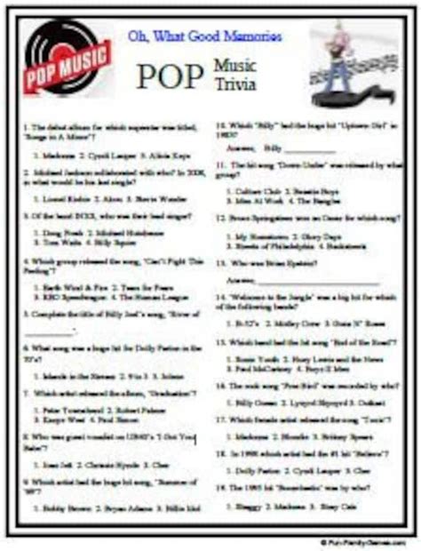 2017 2018 Pop Music Trivia Questions For Kids Printable