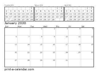 2030 Four Month Overview Calendar Printable