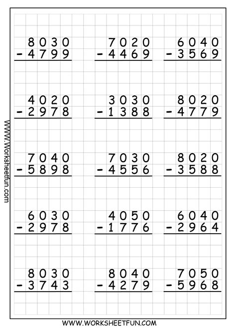 4 Digit Subtraction With Regrouping Printable Worksheets