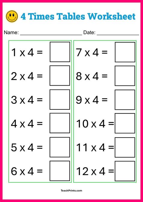 4 Times Table Test Printable