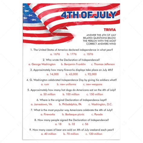 4th Of July Trivia Printable