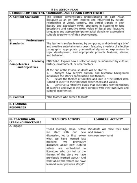 5 Es Lesson Plan Template