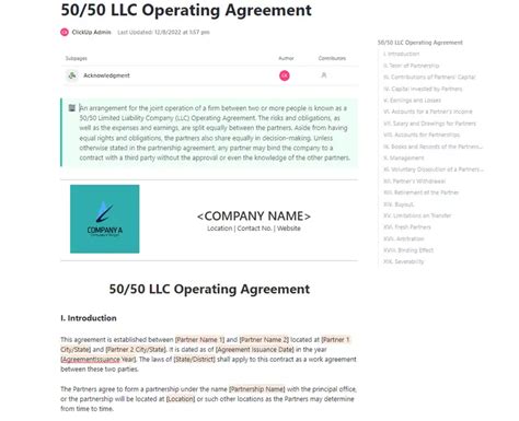 50/50 Llc Operating Agreement Template