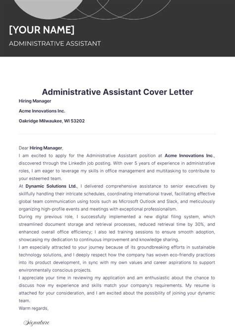 Administrative Assistant Cover Letter Template