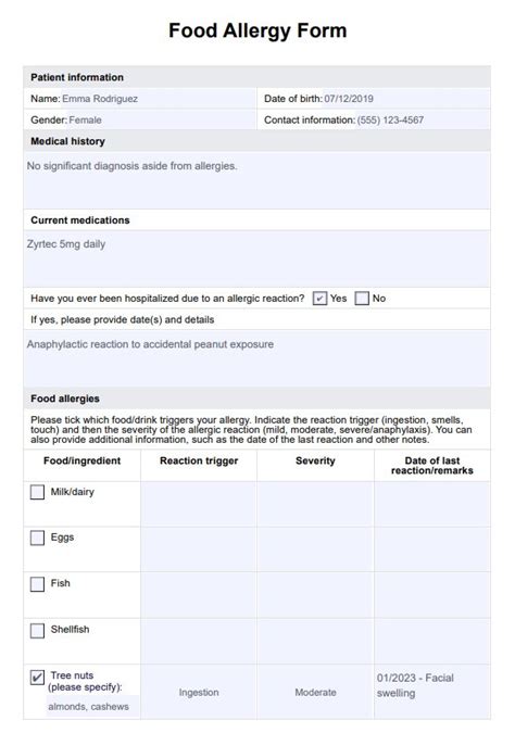Allergy Form Template