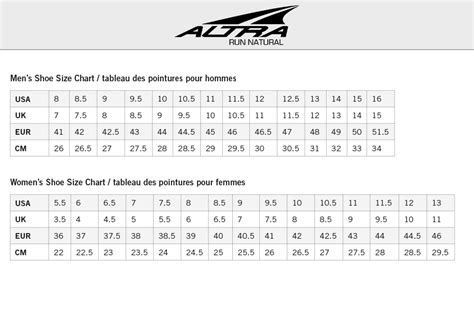 Altra Running Shoes Size Chart