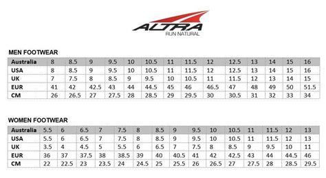 Altra Shoe Size Chart