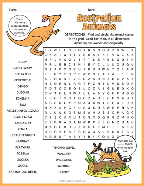Animals Of Australian Word Search Free Printable