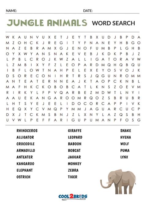 Animals Word Search Printable