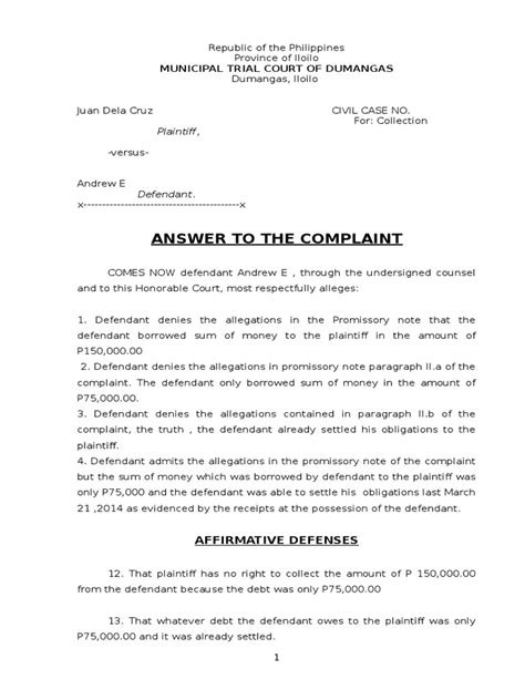 Answer To Complaint Template