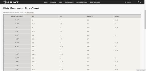 Ariat Kids Size Chart