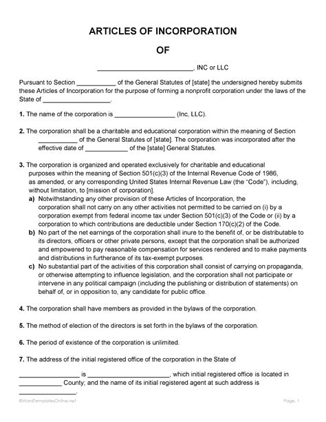 Article Of Incorporation Template