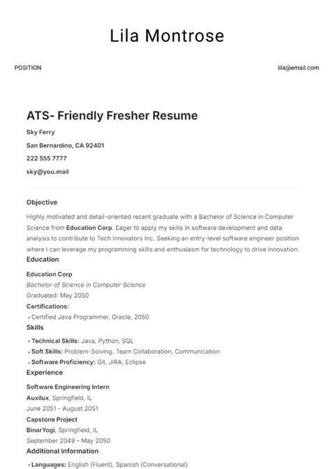 Ats Friendly Resume Template For Freshers