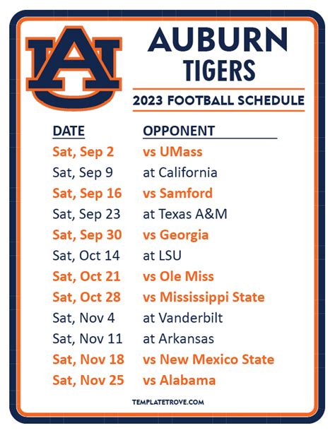 Auburn Football Schedule Printable