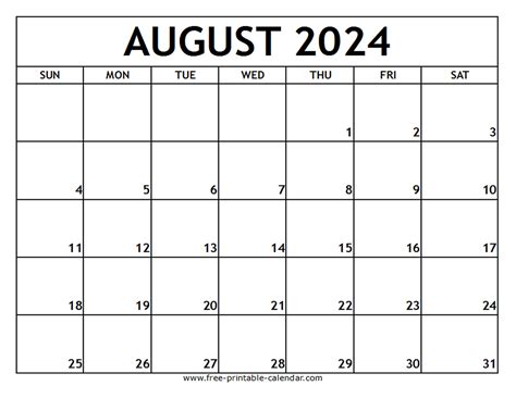 August Calendar Printable Free