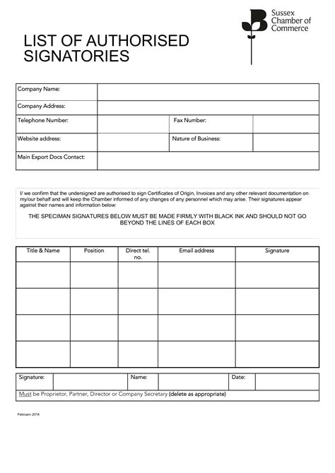 Authorized Signature List Template