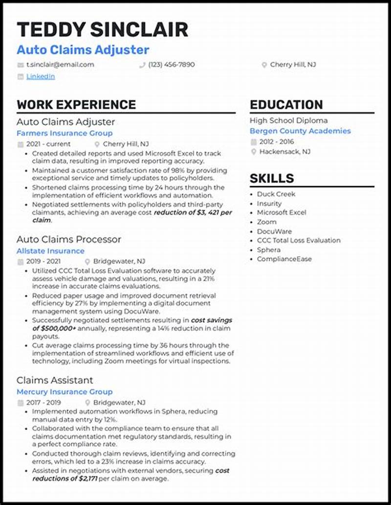 Auto Insurance Claims Adjuster Resume Example