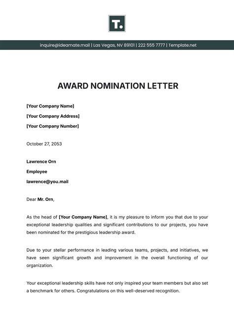 Award Nomination Letter Template