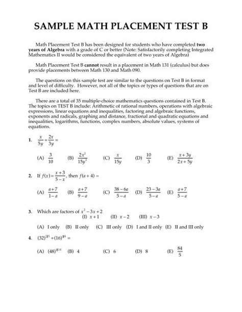 Back To School Math Placement Test Printable