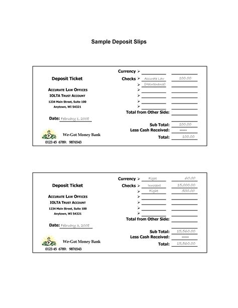 Bank Deposit Ticket Template