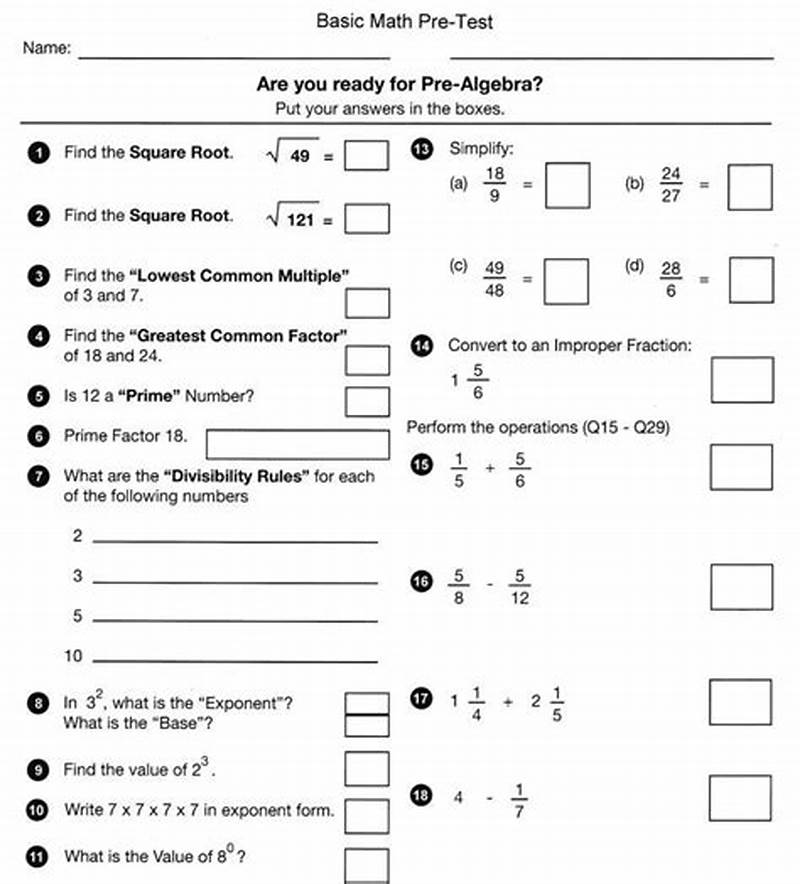 Basic Math Skills Test Printable