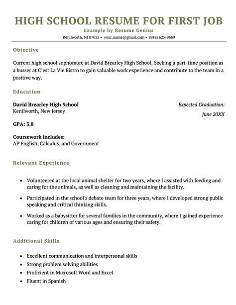 Beginner First Time Job Seeker High School Resume Template