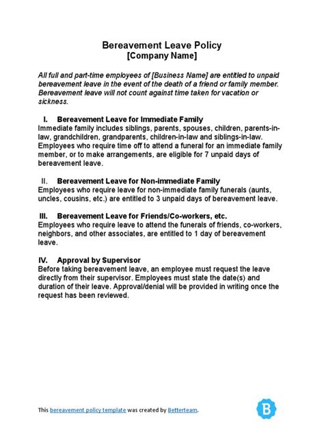 Bereavement Policy Template
