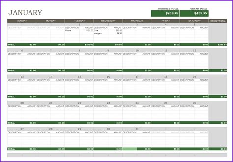 Bill Calendar Template Excel