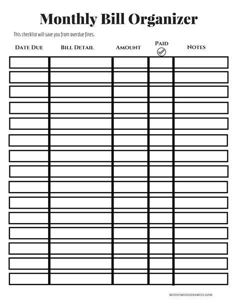 Bill Organizer Template Free